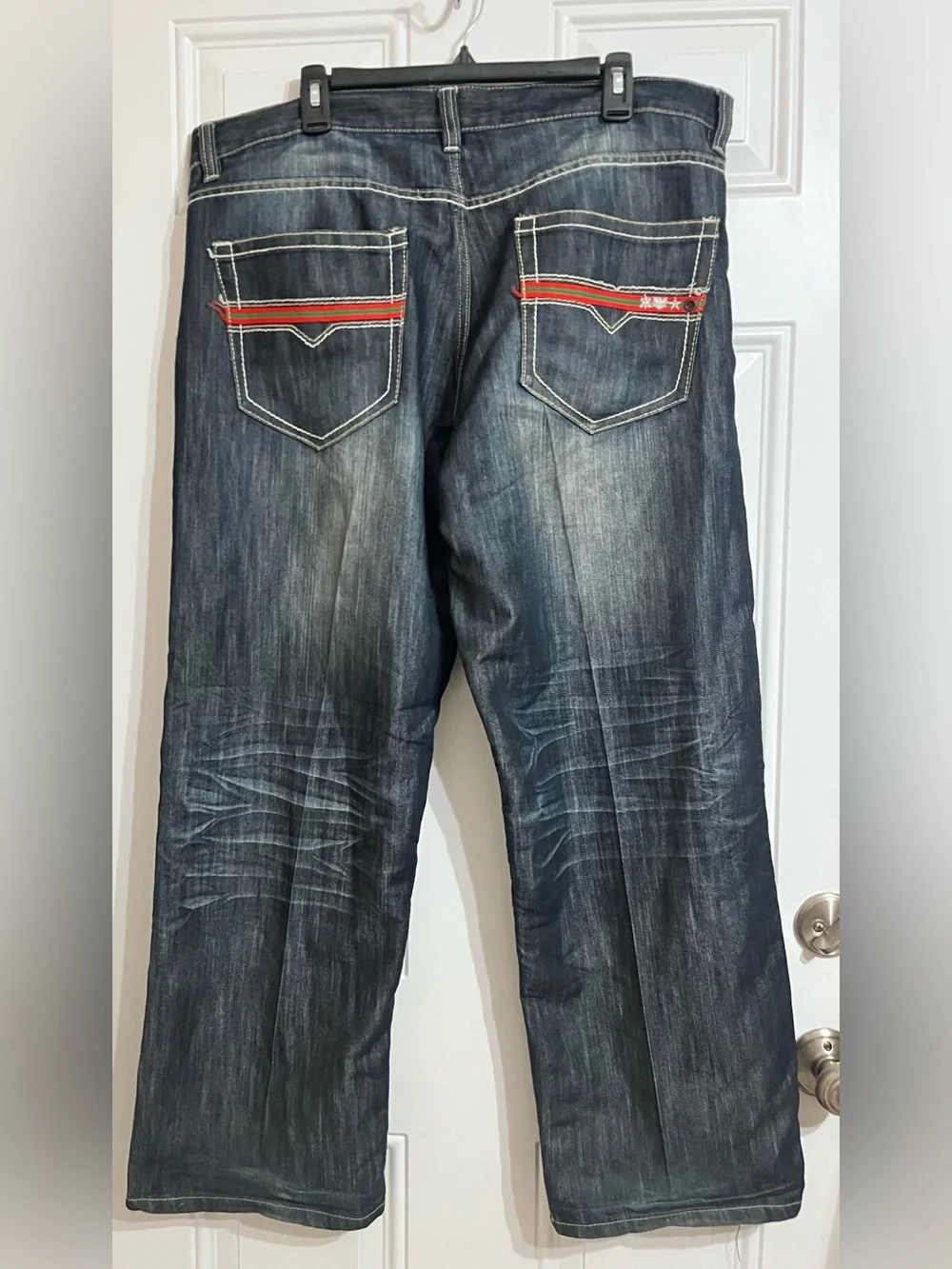 AVIREX Jeans 38x31 Blue Denim Embroidered Pocket Y2K Wide Leg Baggy Streetwear